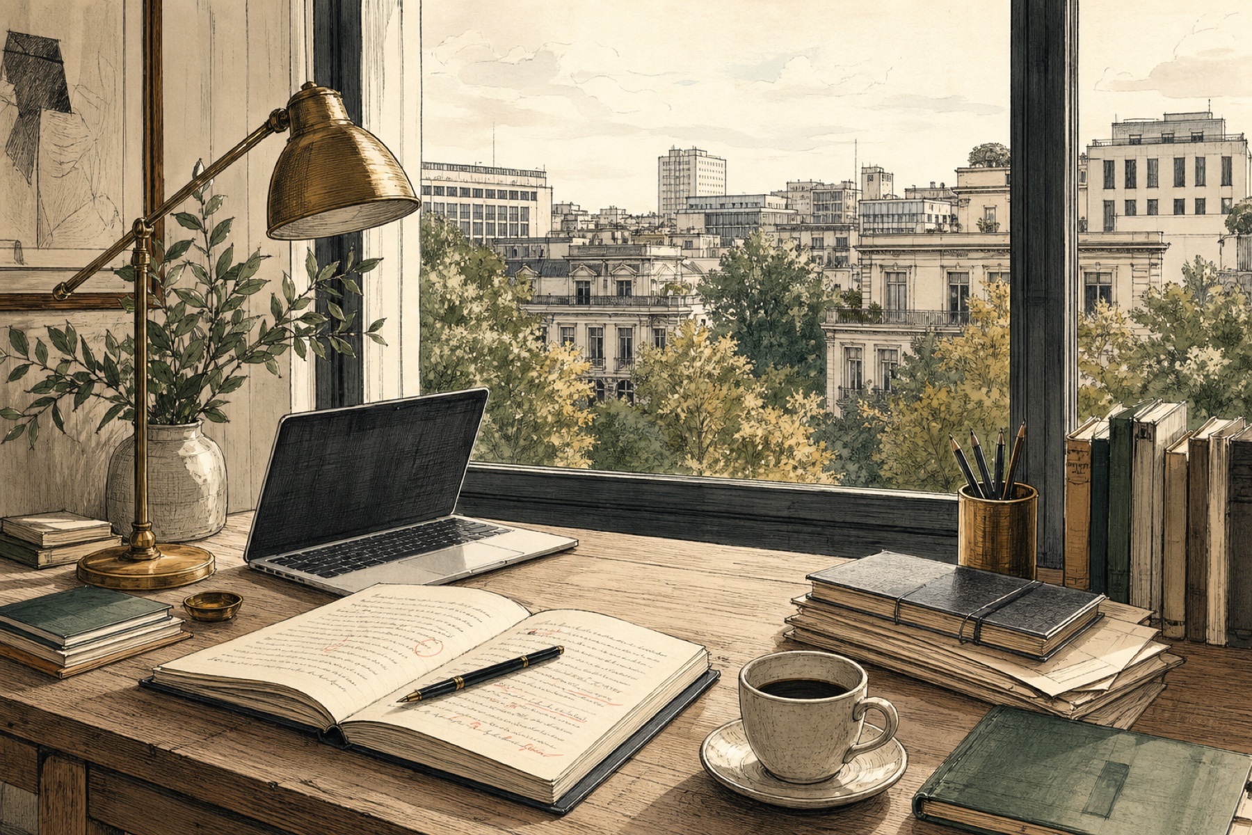 An illustrated writer-editor workspace with a laptop, books, coffee, and an urban view through a window.